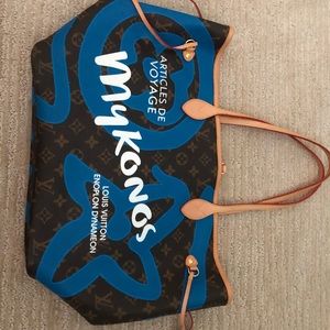 Blue and brown monogrammed tote